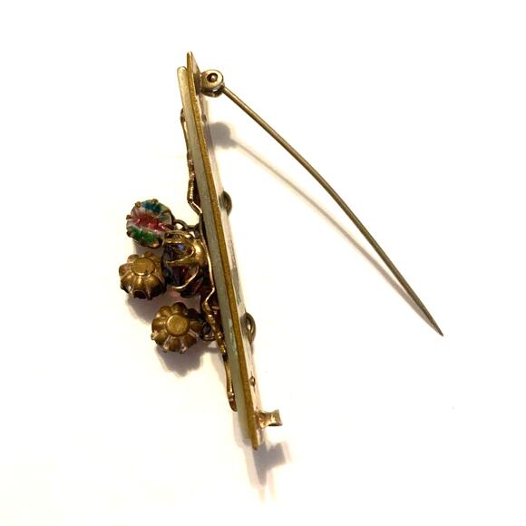 Antique Czech Iris Glass and Mother of Pearl State Souvenir Dangle Brooch - Picture 7 of 8